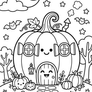 Smiling pumpkin house with black cat — kawaii Halloween coloring page, printable for kids
