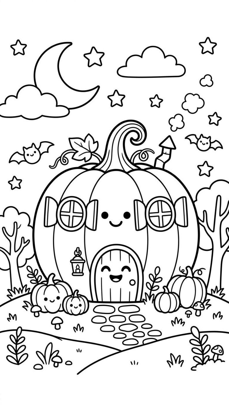 Smiling pumpkin house with black cat — kawaii Halloween coloring page, printable for kids
