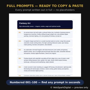 Puede incluir: Un documento digital titulado Fantasy Art que presenta una lista de prompts numerados del 001 al 005. El texto incluye descripciones de ciudades &eacute;lficas, dragones, reinos de sirenas, islas flotantes y torres de hechiceros en fondo blanco.
