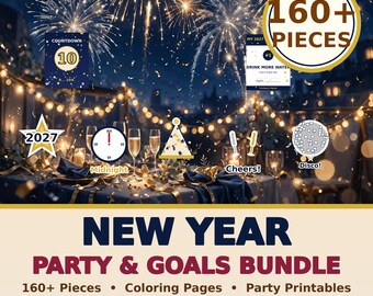 New Year Party Bundle 2027, 160 Printables, Coloring Pages, Photo Booth Props, Stickers, Goals Journal