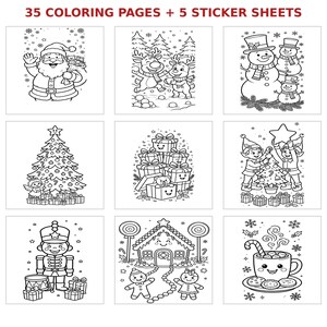 Puede incluir: Una colecci&oacute;n de 35 p&aacute;ginas para colorear y 5 hojas de pegatinas con dibujos de l&iacute;neas en blanco y negro de temas navide&ntilde;os, incluyendo a Santa Claus, renos, mu&ntilde;ecos de nieve, un &aacute;rbol decorado, regalos, elfos, un cascanueces y cacao.