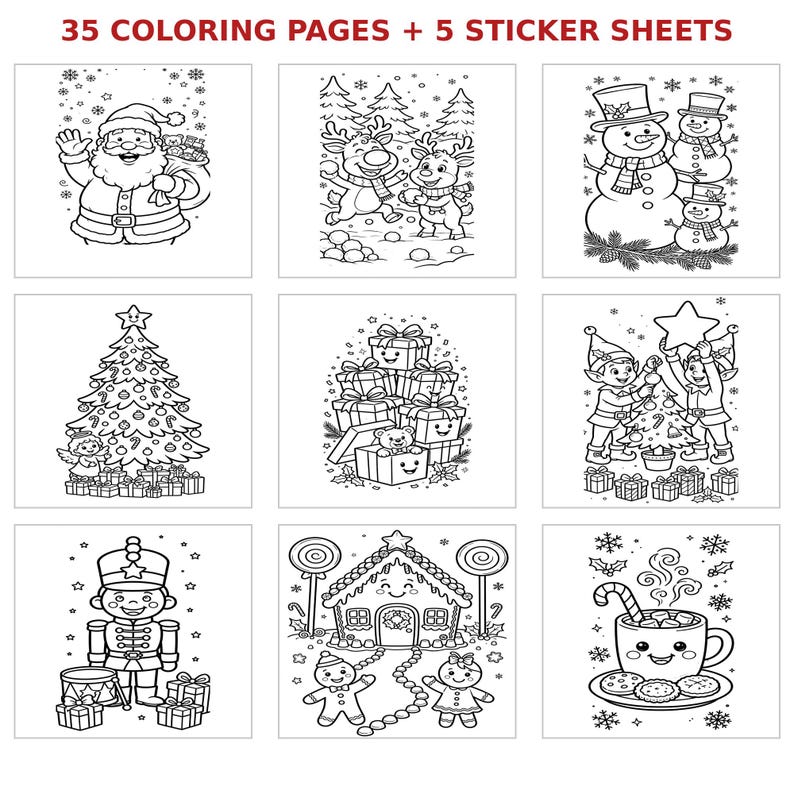 Puede incluir: Una colecci&oacute;n de 35 p&aacute;ginas para colorear y 5 hojas de pegatinas con dibujos de l&iacute;neas en blanco y negro de temas navide&ntilde;os, incluyendo a Santa Claus, renos, mu&ntilde;ecos de nieve, un &aacute;rbol decorado, regalos, elfos, un cascanueces y cacao.