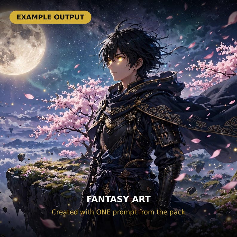 Puede incluir: Una ilustraci&oacute;n digital de un personaje con cabello oscuro y ojos amarillos brillantes, vistiendo una armadura azul oscuro y dorada con una capa fluida. La escena presenta una gran luna llena, cerezos en flor e islas flotantes.