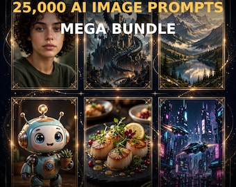 25,000 AI Image Prompts Mega Bundle, Midjourney DALL-E Guide (Commercial Use)