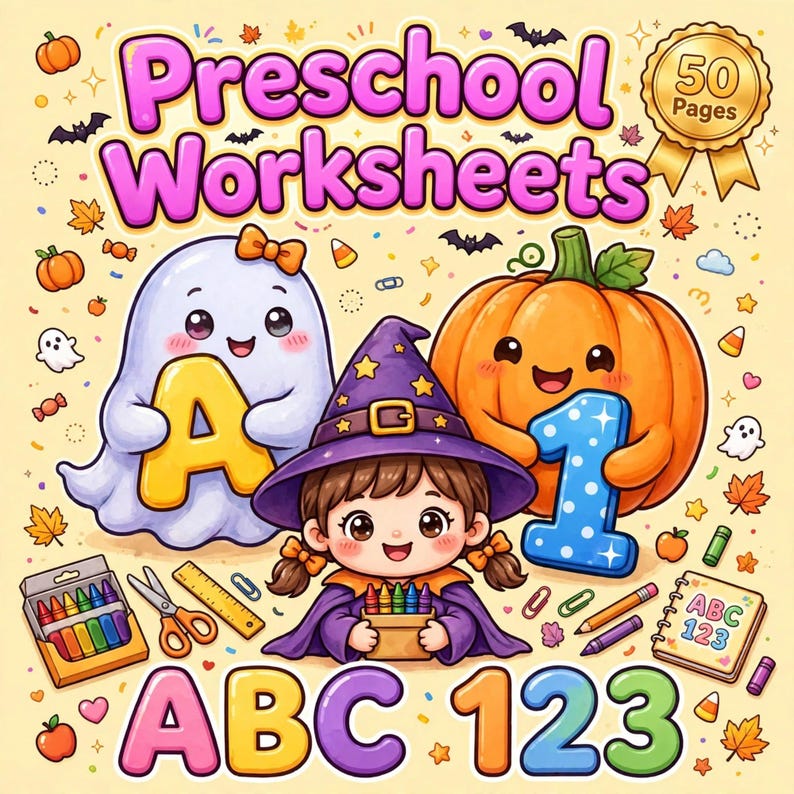 K&ouml;nnte beinhalten: Ein Vorschul-Arbeitsheft-Cover mit dem Text Preschool Worksheets und 50 Pages. Die Illustration zeigt ein Gespenst mit dem Buchstaben A, eine Hexe mit Buntstiften und einen K&uuml;rbis mit der Zahl 1, sowie den Text ABC 123 darunter.