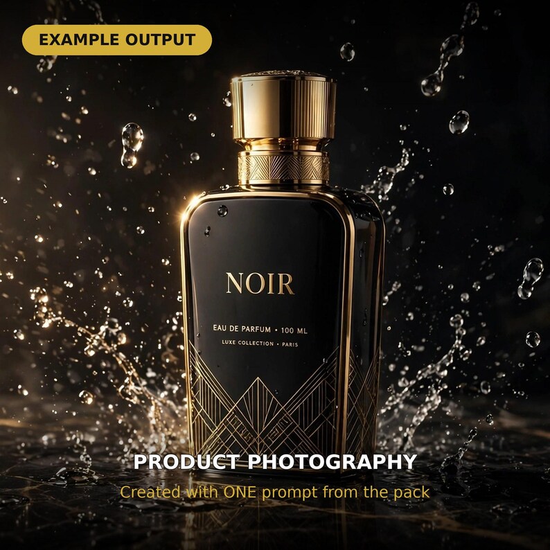 Puede incluir: Un frasco de perfume rectangular negro con bordes y tap&oacute;n dorados. El frasco presenta el texto NOIR, EAU DE PARFUM, 100 ML, LUXE COLLECTION, PARIS y un patr&oacute;n geom&eacute;trico dorado en la base, rodeado de salpicaduras de agua.