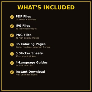 Puede incluir: Un gr&aacute;fico informativo negro con texto amarillo titulado WHAT'S INCLUDED. Enumera archivos PDF en tama&ntilde;os US Letter y A4, 41 archivos JPG, 41 archivos PNG, 35 p&aacute;ginas para colorear, 5 hojas de pegatinas con m&aacute;s de 40, 4 gu&iacute;as de idiomas y descarga.