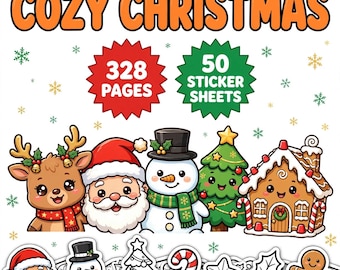 Gezellige kerstkleurplaten, 328 dikke lijnen + 50 stickervellen (digitale download)