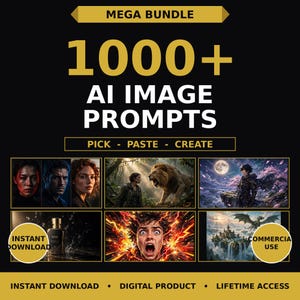 Puede incluir: Un producto digital titulado MEGA BUNDLE 1000+ AI IMAGE PROMPTS PICK - PASTE - CREATE. El gr&aacute;fico presenta seis muestras de im&aacute;genes rectangulares que incluyen retratos, un le&oacute;n, un personaje de fantas&iacute;a, un frasco y un drag&oacute;n.
