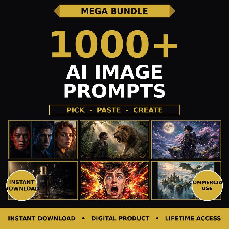Puede incluir: Un producto digital titulado MEGA BUNDLE 1000+ AI IMAGE PROMPTS PICK - PASTE - CREATE. El gr&aacute;fico presenta seis muestras de im&aacute;genes rectangulares que incluyen retratos, un le&oacute;n, un personaje de fantas&iacute;a, un frasco y un drag&oacute;n.