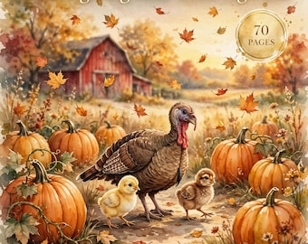 Aquarel kleurplaten voor kinderen met Thanksgiving-thema, 70 pagina's (50 kleurplaten + 20 stickers) (digitale download)