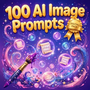 Puede incluir: Un gr&aacute;fico digital con el texto 100 AI Image Prompts en letras doradas, una insignia de cinta dorada con la etiqueta Digital Pack, un pincel con pintura morada y burbujas flotantes que contienen peque&ntilde;os pergaminos.
