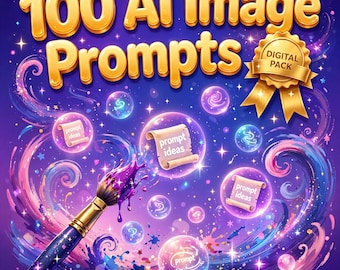 Puede incluir: Un gráfico digital con el texto 100 AI Image Prompts en letras doradas, una insignia de cinta dorada con la etiqueta Digital Pack, un pincel con pintura morada y burbujas flotantes que contienen pequeños pergaminos.