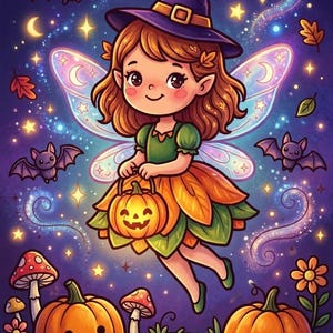 Full-color witch girl with jack-o-lanterns — Halloween coloring inspiration page, printable