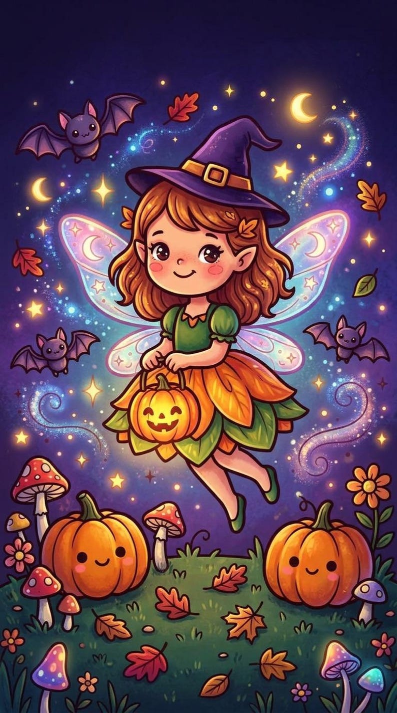 Full-color witch girl with jack-o-lanterns — Halloween coloring inspiration page, printable