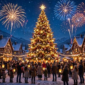 Puede incluir: Un gran &aacute;rbol de Navidad iluminado se encuentra en el centro de una plaza de pueblo cubierta de nieve por la noche, rodeado por una multitud. Fuegos artificiales brillantes explotan en el cielo azul oscuro, con casas de entramado.