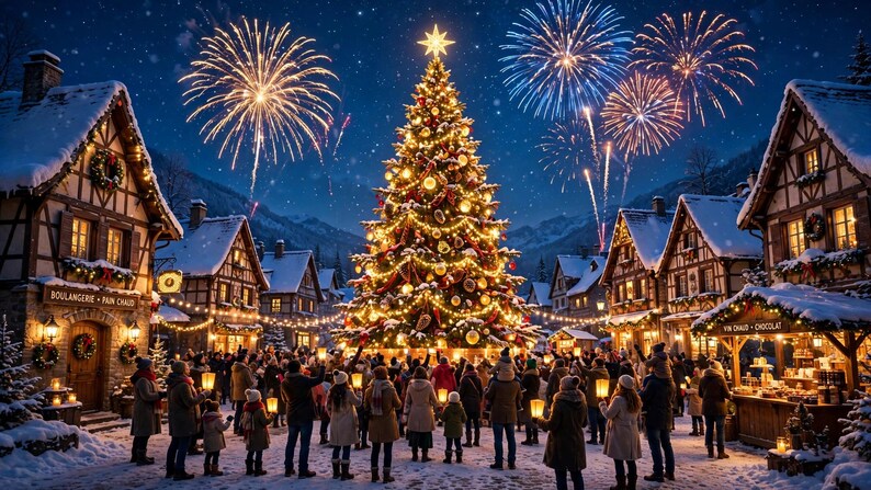 Puede incluir: Un gran &aacute;rbol de Navidad iluminado se encuentra en el centro de una plaza de pueblo cubierta de nieve por la noche, rodeado por una multitud. Fuegos artificiales brillantes explotan en el cielo azul oscuro, con casas de entramado.