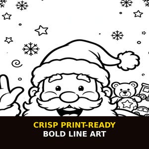 Puede incluir: Una ilustraci&oacute;n de arte lineal en blanco y negro de Santa Claus con gorro, rodeado de copos de nieve, estrellas, un oso de peluche y juguetes. La parte inferior muestra el texto CRISP PRINT-READY BOLD LINE ART.