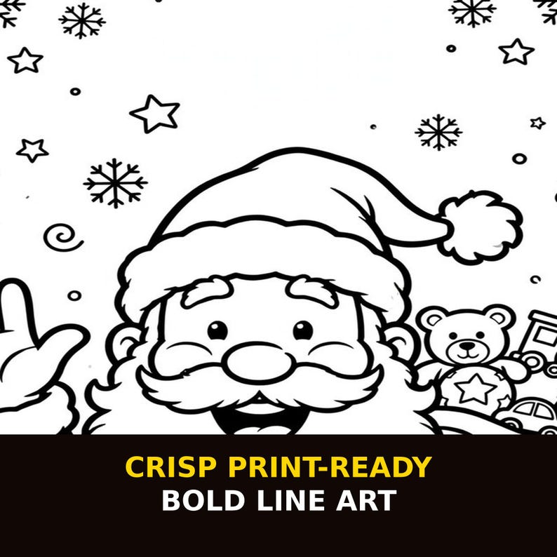 Puede incluir: Una ilustraci&oacute;n de arte lineal en blanco y negro de Santa Claus con gorro, rodeado de copos de nieve, estrellas, un oso de peluche y juguetes. La parte inferior muestra el texto CRISP PRINT-READY BOLD LINE ART.