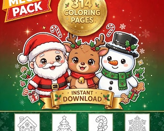 314 Christmas Coloring Pages Kids, Kawaii Santa Reindeer Snowman Holiday Coloring Book, Printable Mega Bundle PDF Instant Download