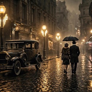 Puede incluir: Un autom&oacute;vil negro antiguo estacionado en una calle empedrada y mojada por la noche, iluminado por farolas brillantes. Dos figuras caminan bajo un paraguas negro frente a escaparates con letreros de TABAC y CAFE-BAR.