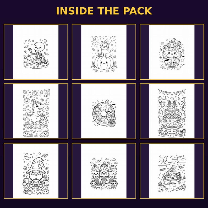 Inside the pack preview grid — six spooky cute Halloween coloring pages, printable