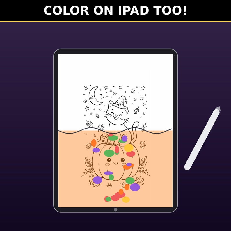 Color Halloween pages on iPad too — digital coloring on tablet, printable JPG files