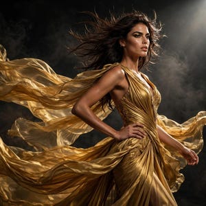 Puede incluir: Un vestido largo de color dorado met&aacute;lico con un corpi&ntilde;o sin mangas, escote en V y una falda drapeada y fluida. La prenda incluye una larga cola transparente incorporada que se extiende, creando una sensaci&oacute;n de movimiento y volumen.
