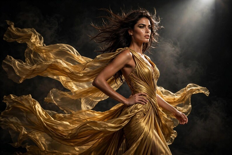 Puede incluir: Un vestido largo de color dorado met&aacute;lico con un corpi&ntilde;o sin mangas, escote en V y una falda drapeada y fluida. La prenda incluye una larga cola transparente incorporada que se extiende, creando una sensaci&oacute;n de movimiento y volumen.
