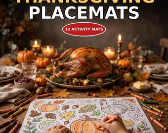 Puede incluir: Un juego de 12 manteles individuales de actividades de Acción de Gracias con dibujos en blanco y negro de calabazas, hojas, bellotas y un pavo. Los manteles son para colorear y están sobre una mesa de madera con ceras.