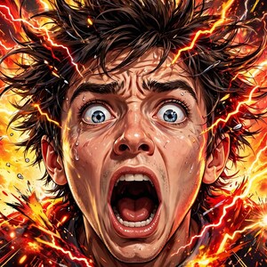 Puede incluir: Una ilustraci&oacute;n digital de una persona con ojos azules muy abiertos y la boca abierta, rodeada de intensos rayos naranjas y amarillos y chispas explosivas que irradian sobre un fondo oscuro de alto contraste.