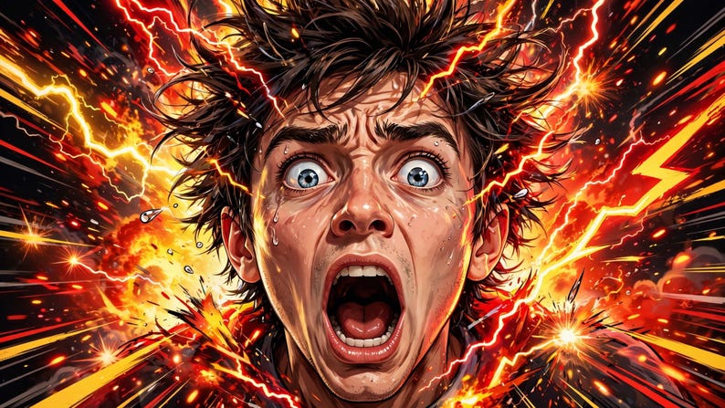 Puede incluir: Una ilustraci&oacute;n digital de una persona con ojos azules muy abiertos y la boca abierta, rodeada de intensos rayos naranjas y amarillos y chispas explosivas que irradian sobre un fondo oscuro de alto contraste.