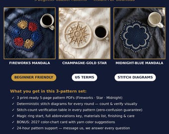 Learn to Crochet New Year Coaster Patterns, 3 Beginner PDF Patterns, Fireworks, Star and Midnight Mandala