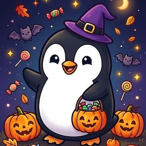 Penguin in witch hat with pumpkins — spooky cute Halloween coloring page for kids, printable