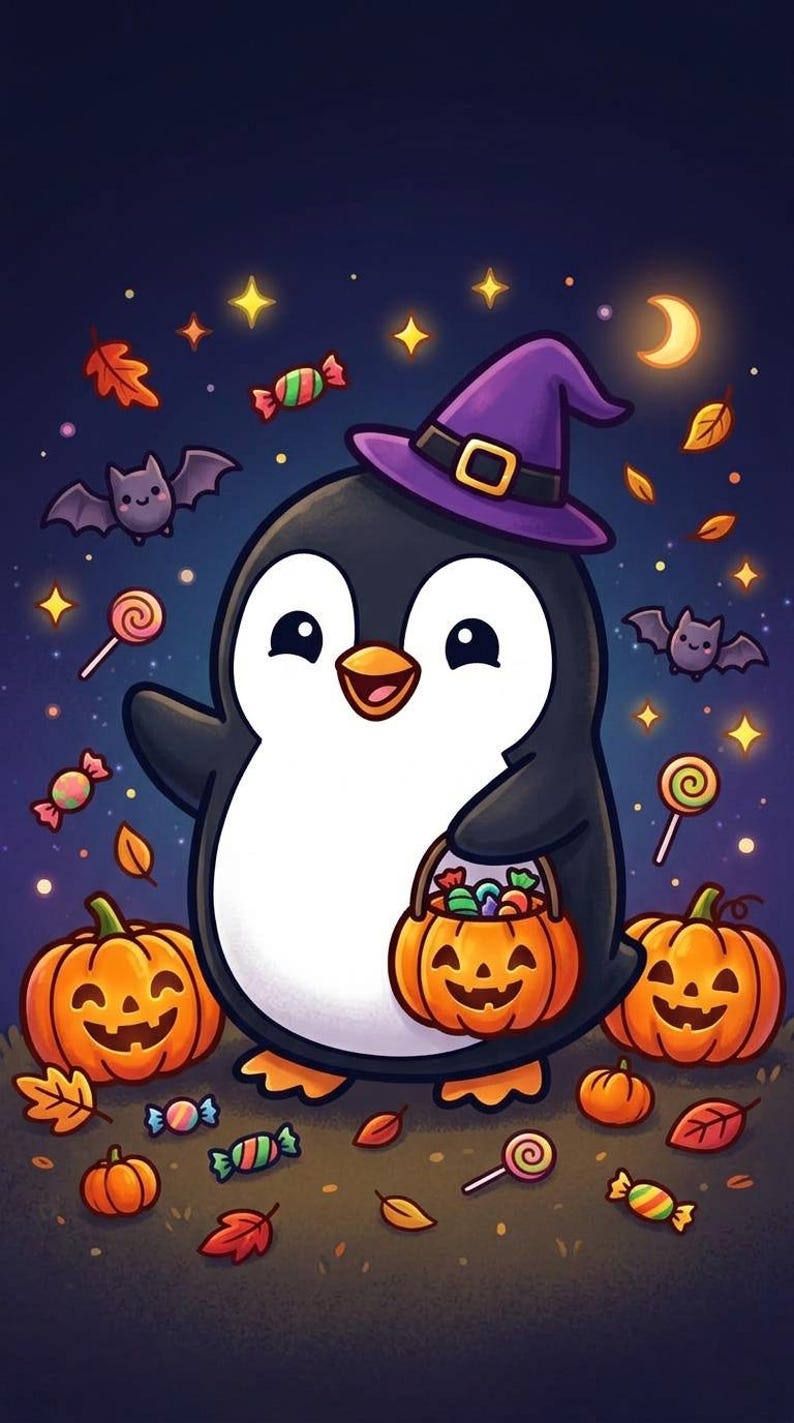 Penguin in witch hat with pumpkins — spooky cute Halloween coloring page for kids, printable
