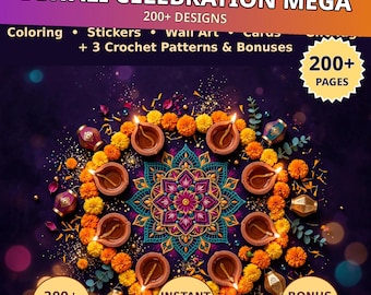Mega Pack para Celebración de Diwali: Páginas para Colorear, Pegatinas, Decoración de Pared, Etiquetas de Regalo (Descarga Digital)