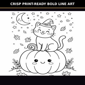 Black cat sitting on pumpkin — bold line Halloween coloring page, crisp printable art