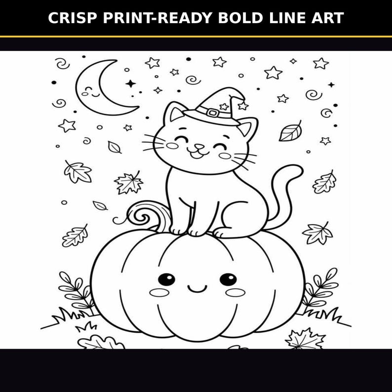 Black cat sitting on pumpkin — bold line Halloween coloring page, crisp printable art