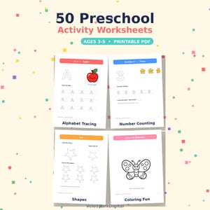 K&ouml;nnte beinhalten: Ein Set aus 50 Vorschul-Arbeitsbl&auml;ttern als druckbares PDF f&uuml;r Kinder im Alter von 3-5 Jahren. Die Seiten enthalten Alphabet-Nachsp&uuml;r&uuml;bungen mit einem Apfel, Zahlenz&auml;hlen mit Sternen, Formen-Nachsp&uuml;ren und eine Schmetterlings-Malvorlage.