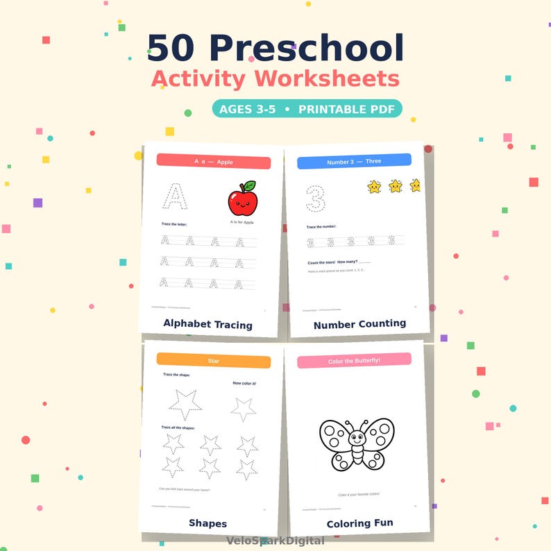 K&ouml;nnte beinhalten: Ein Set aus 50 Vorschul-Arbeitsbl&auml;ttern als druckbares PDF f&uuml;r Kinder im Alter von 3-5 Jahren. Die Seiten enthalten Alphabet-Nachsp&uuml;r&uuml;bungen mit einem Apfel, Zahlenz&auml;hlen mit Sternen, Formen-Nachsp&uuml;ren und eine Schmetterlings-Malvorlage.