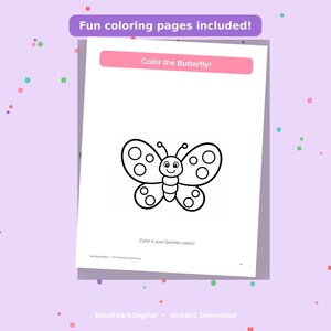 K&ouml;nnte beinhalten: Eine wei&szlig;e Malvorlage mit einer schwarzen Umrisszeichnung eines Schmetterlings mit kreisf&ouml;rmigen Fl&uuml;gelmustern. Die Seite enth&auml;lt den Text Fun coloring pages included!, Color the Butterfly! und Color it your favorite colors! in Schwarz und Pink.