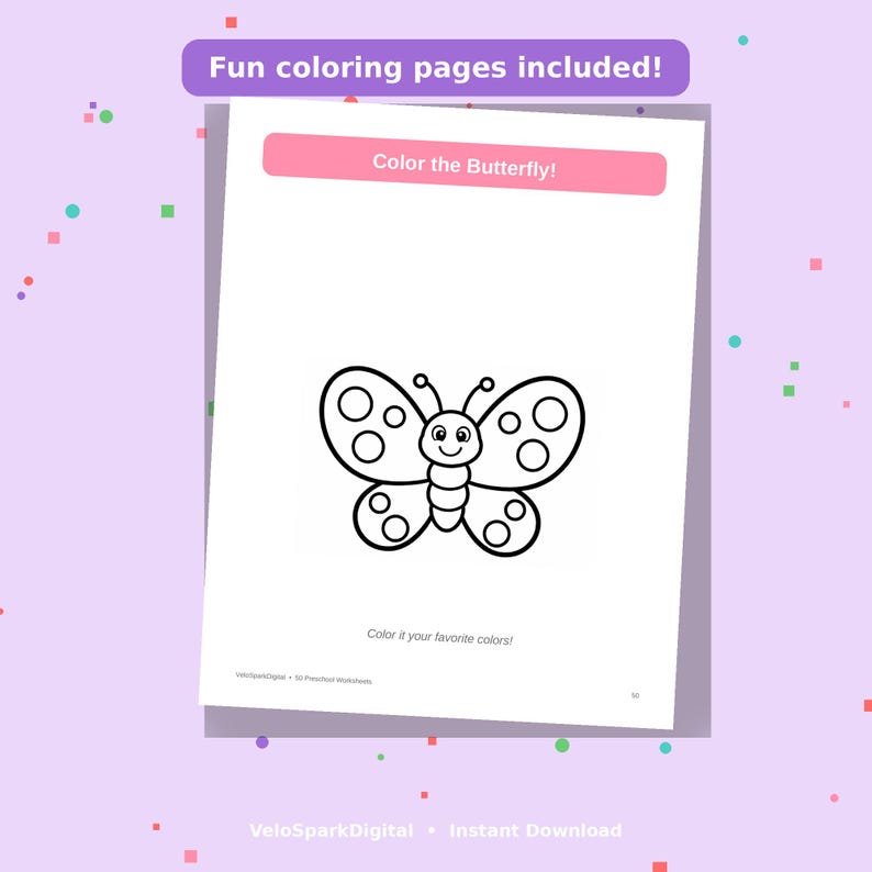 K&ouml;nnte beinhalten: Eine wei&szlig;e Malvorlage mit einer schwarzen Umrisszeichnung eines Schmetterlings mit kreisf&ouml;rmigen Fl&uuml;gelmustern. Die Seite enth&auml;lt den Text Fun coloring pages included!, Color the Butterfly! und Color it your favorite colors! in Schwarz und Pink.