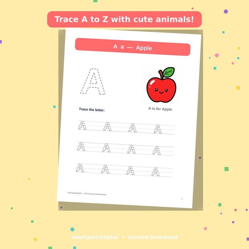K&ouml;nnte beinhalten: Ein wei&szlig;es Lernarbeitsblatt mit dem Titel Trace A to Z with cute animals und einem roten Kopfbereich mit dem Text A a - Apple. Die Seite enth&auml;lt einen gro&szlig;en gestrichelten Buchstaben A, eine rote Apfelillustration mit Gesicht und Zeilen.