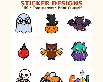 Pakiet 100 naklejek Halloween PNG, upiorne, urocze wzory naklejek Kawaii z przezroczystym tłem, naklejki winylowe do druku, cyfrowe pobieranie