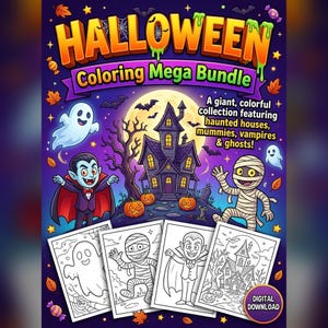 Halloween coloring mega pack back cover with preview of spooky cute printable coloring sheets