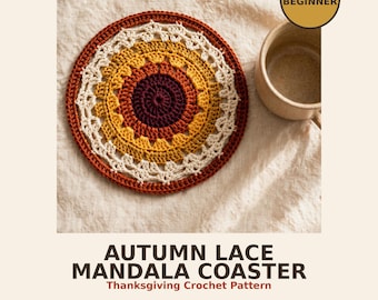 Autumn Mandala Coaster Crochet Pattern, Learn Lace V-Stitch, Fall Thanksgiving PDF Beginner, Harvest Gradient Decor Gift