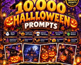 Podpowiedzi do sztuki na Halloween z AI, pakiet 10 000 strasznych podpowiedzi, Podpowiedzi do Halloween w połowie podróży, Podpowiedzi do sztuki z duchem dyniowej wiedźmy, Podpowiedzi do jesiennych obrazów AI