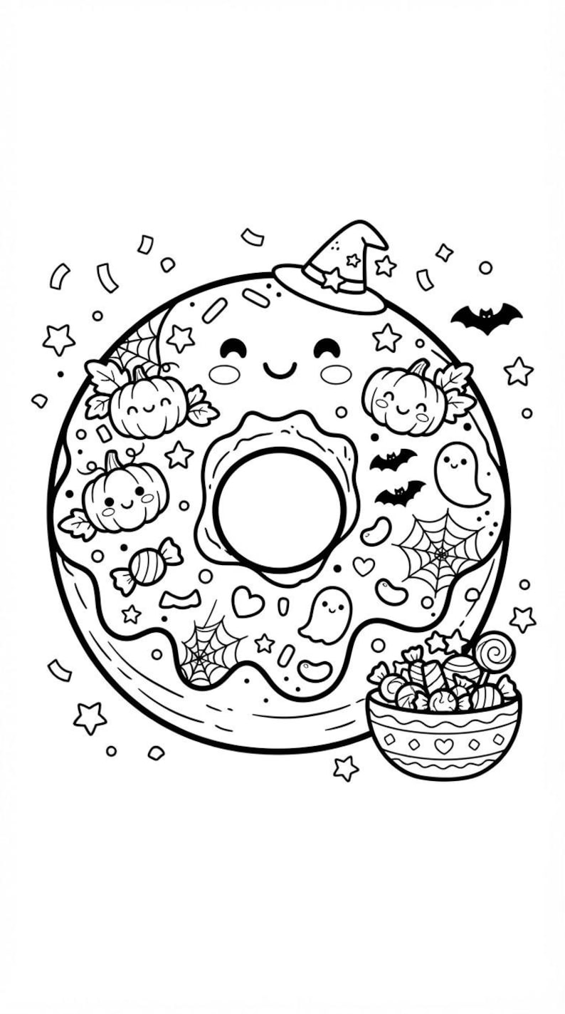 Pumpkin donut mandala coloring page — fun Halloween printable activity for kids