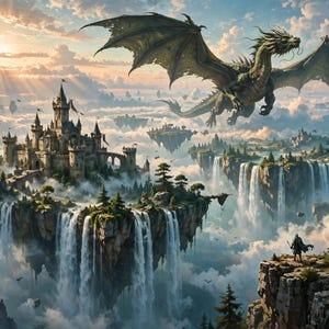 Puede incluir: Un gran drag&oacute;n verde con alas extendidas vuela sobre un castillo de piedra en una isla flotante. Varias cascadas caen desde la isla hacia las nubes, mientras una peque&ntilde;a figura se encuentra sobre un acantilado rocoso en primer plano.