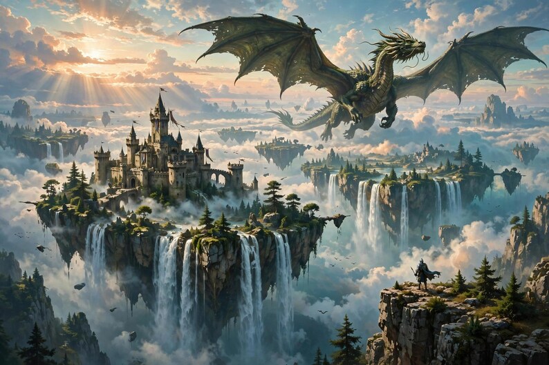 Puede incluir: Un gran drag&oacute;n verde con alas extendidas vuela sobre un castillo de piedra en una isla flotante. Varias cascadas caen desde la isla hacia las nubes, mientras una peque&ntilde;a figura se encuentra sobre un acantilado rocoso en primer plano.